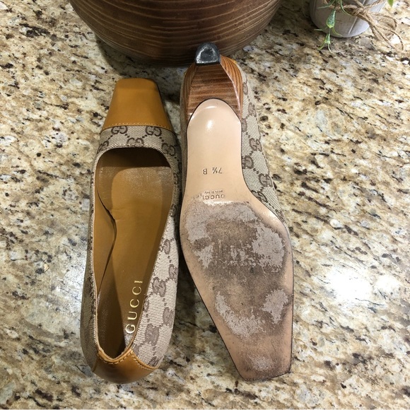 Gucci Mustard Leather Tan GG Canvas Square Toe Kitten Heels w/ Wooden Heels 7.5 - Picture 10 of 10